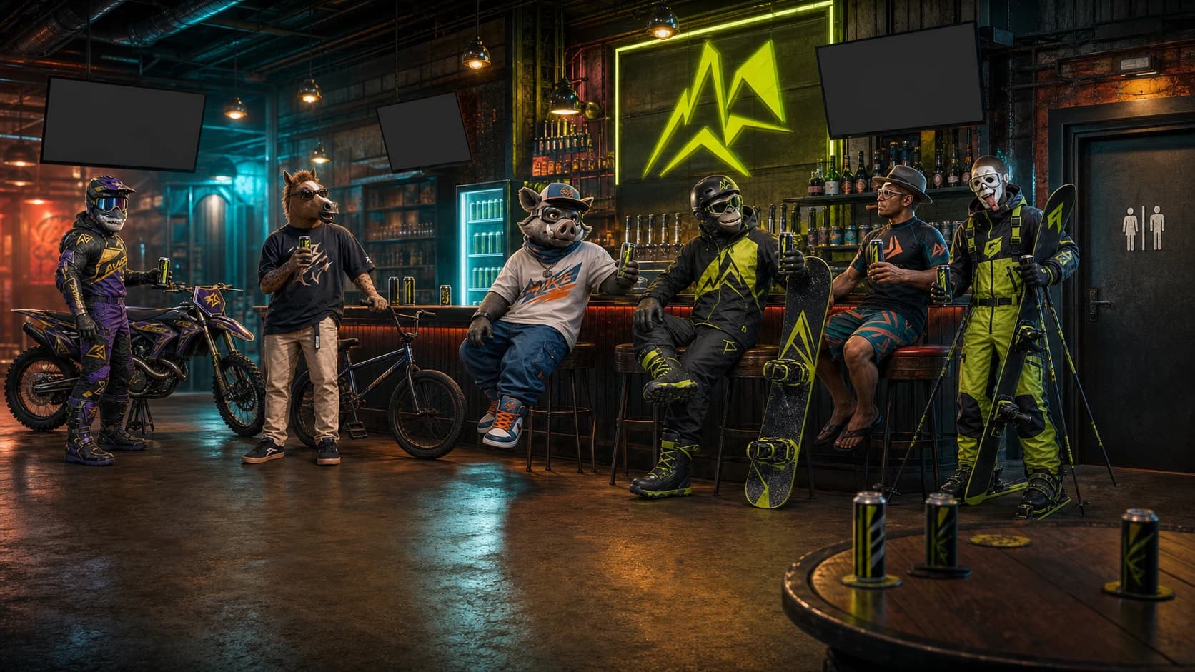 Six Gravity Goons gather inside the ZERO-G ENERGY bar