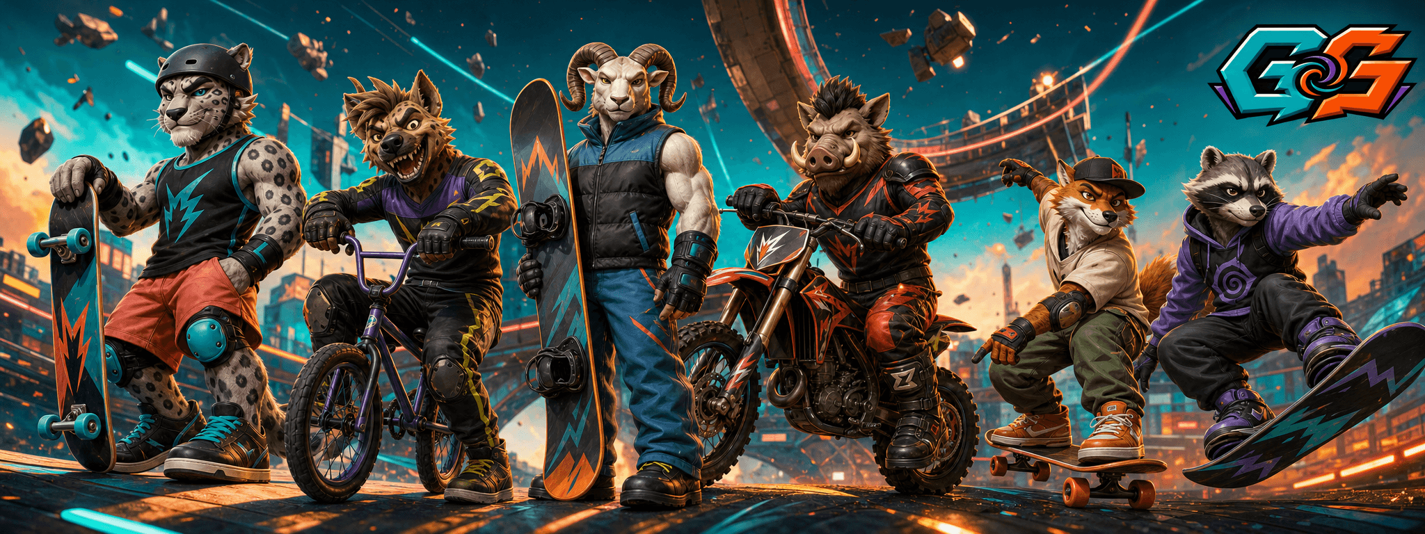 Gravity Goons athletes gathered in a futuristic action-sports arena