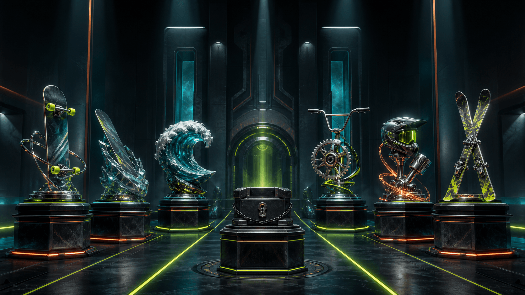 The Season One Gravity Goons Trophy Hall with six sculpted action-sports trophies